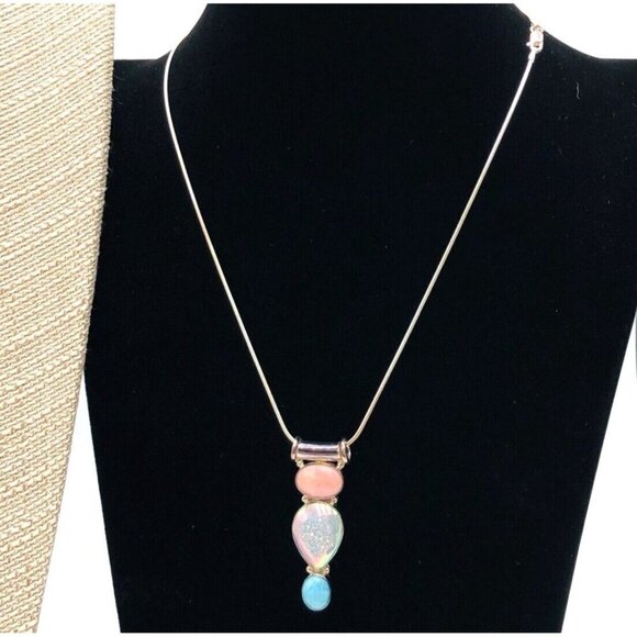 SAJEN Blue Larimar Drusy Quartz Pink Pendant Sterling Silver Pendant Necklace - Picture 2 of 3